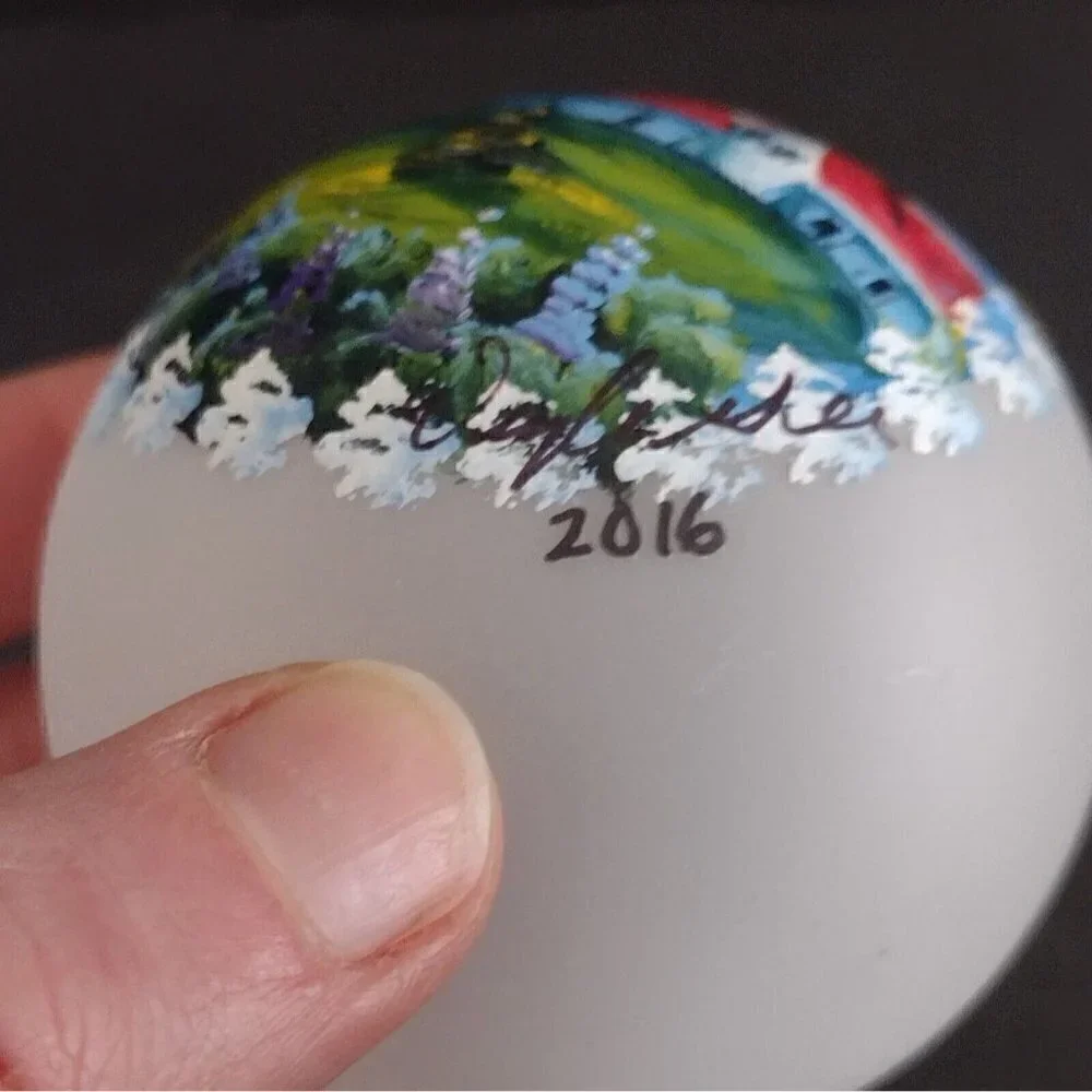 Hand Painted Glass Ornament By Maine Artist Signed Doug 2016 Lighthouse Seagulls